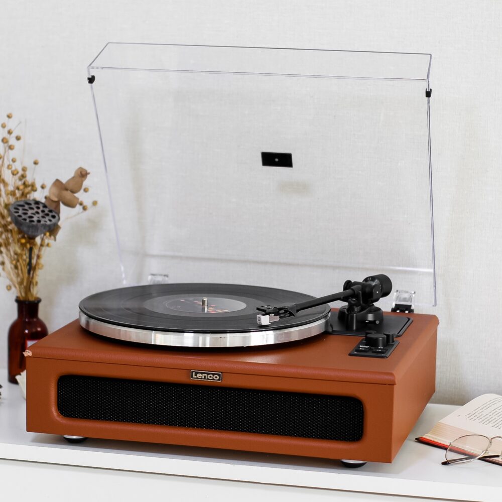 Вініловий програвач Lenco LS-430BK Brown з Bluetooth IN, картридж Audio-Technica, еко-шкіра, колонки вбудовані 50 W