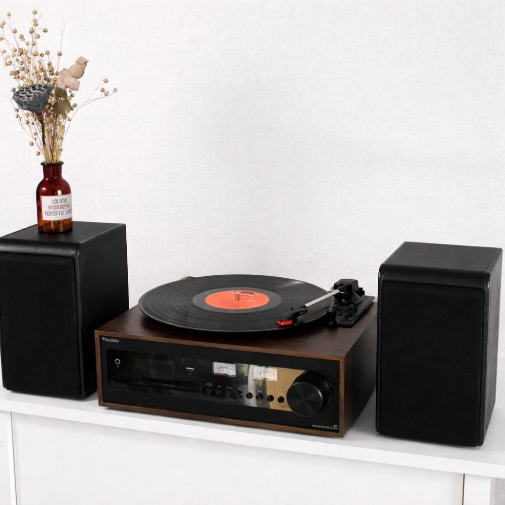 Вініловий програвач, стереосистема, музичний центр Audizio Boston Black Leather FM CD USB Bluetooth з колонками 50 Вт (без кришки)