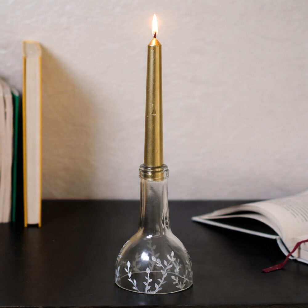 Свічник (підсвічник) зі скла з ручним розписом Meloman White Leafs Upcycling