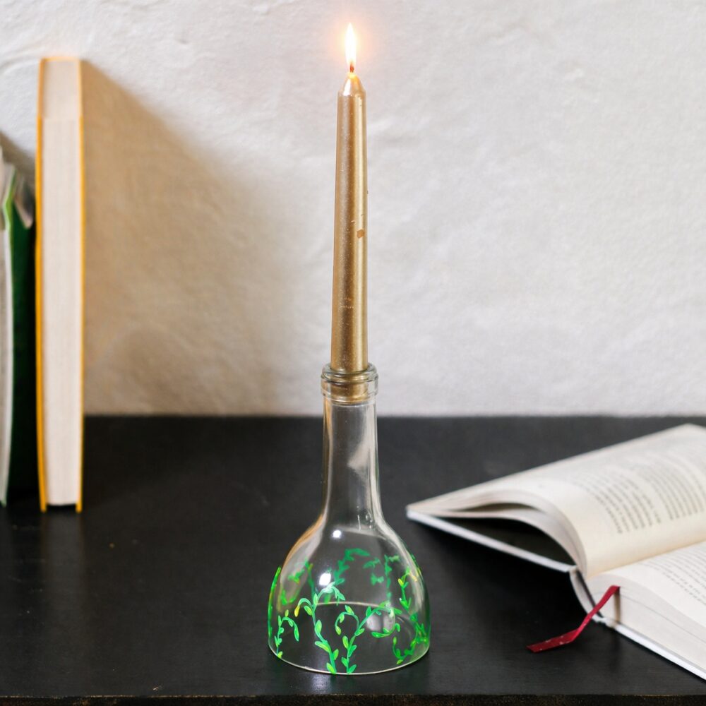 Свічник (підсвічник) зі скла з ручним розписом Meloman Green Leafs Upcycling