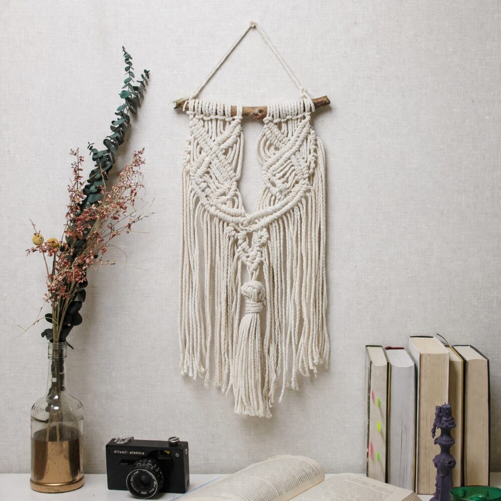 Натуральне настінне панно макраме Handmade Classic з листочками, 24 * 50 см в етно стилі, бохо (5803)