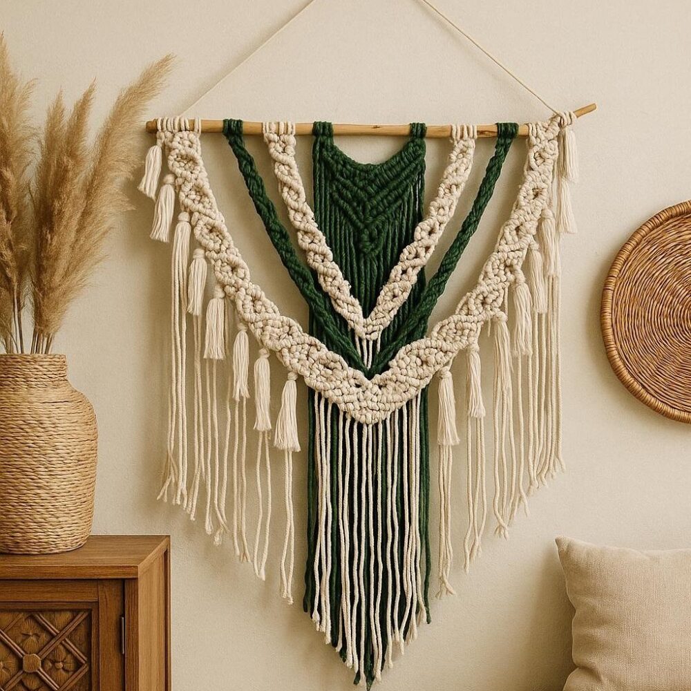 Макраме панно настінне "Лісова тиша" 60×80 см, зелено-айворі, бавовна, ручна робота еко бохо стиль