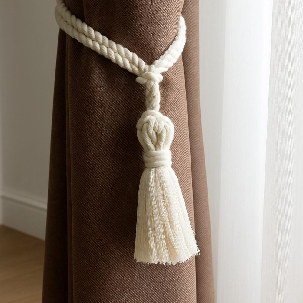 Натуральний бавовняний підхват для штор, тримач штор, еко підхоп макраме "Помпон ", БЕЖ подхват для штор, кість, кисть, китиця бохо