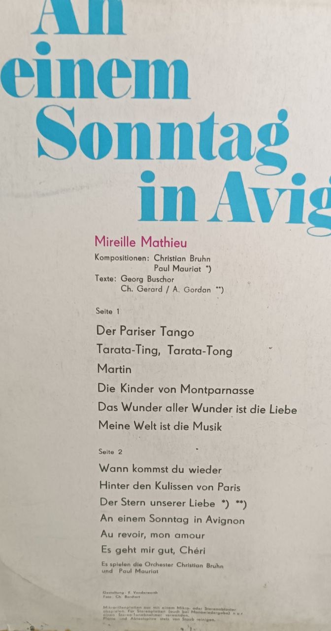 Вінілова платівка французької музики Мірей Матьє Mireille Mathieu – An einem Sonntag in Avignon - VG - Зображення 2