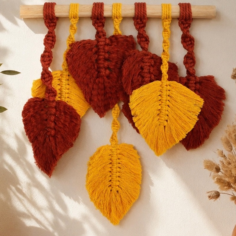 Натуральне настінне панно макраме Meloman Red+Yellow Leafs , 30 * 45 см в етно стилі, бохо